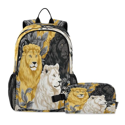 LINNIKEEEE Aquarellgrafik Coole Löwen Studentenrucksack Lunchtasche Set – Leichte Schultasche für Jungen Mädchen von LINNIKEEEE