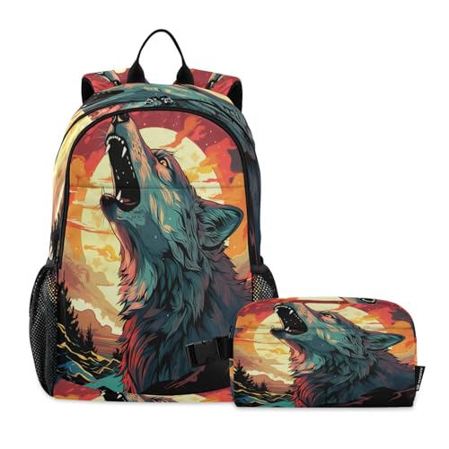 LINNIKEEEE Aquarellgrafik Wolf Heult Studentenrucksack Lunchtasche Set – Leichte Schultasche für Jungen Mädchen von LINNIKEEEE