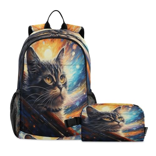 LINNIKEEEE Aquarellkunst Coole Katze Studentenrucksack Lunchtasche Set – Leichte Schultasche für Jungen Mädchen von LINNIKEEEE