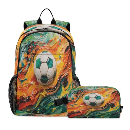 LINNIKEEEE Aquarellkunst Fußball Studentenrucksack Lunchtasche Set – Leichte Schultasche für Jungen Mädchen von LINNIKEEEE