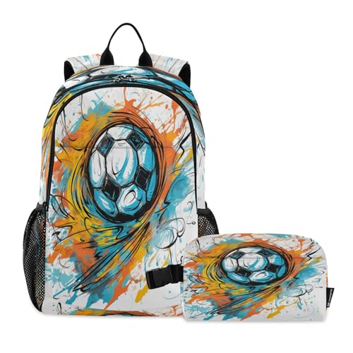 LINNIKEEEE Aquarellkunst Fußball Studentenrucksack Lunchtasche Set – Leichte Schultasche für Jungen Mädchen von LINNIKEEEE