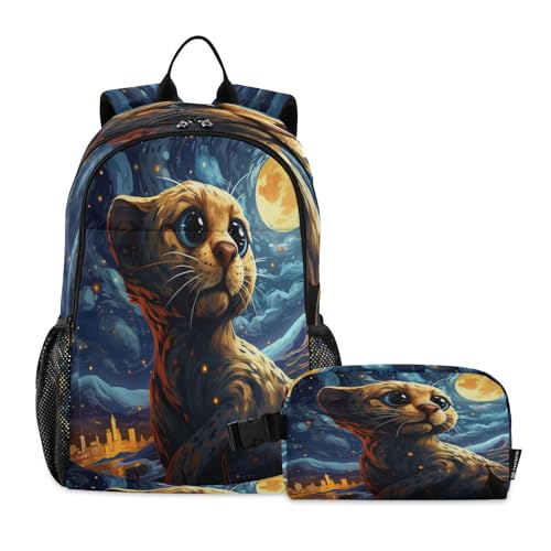 LINNIKEEEE Aquarellkunst Mondkatze Studentenrucksack Lunchtasche Set – Leichte Schultasche für Jungen Mädchen von LINNIKEEEE