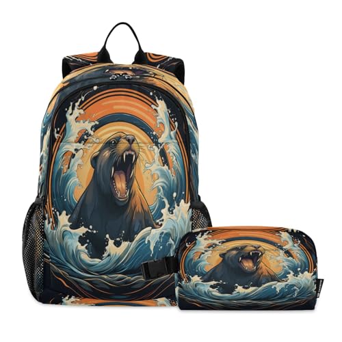 LINNIKEEEE Aquarellkunst Seelöwe Studentenrucksack Lunchtasche Set – Leichte Schultasche für Jungen Mädchen von LINNIKEEEE