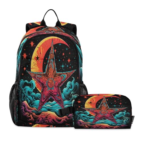 LINNIKEEEE Aquarellkunst Seestern Studentenrucksack Lunchtasche Set – Leichte Schultasche für Jungen Mädchen von LINNIKEEEE