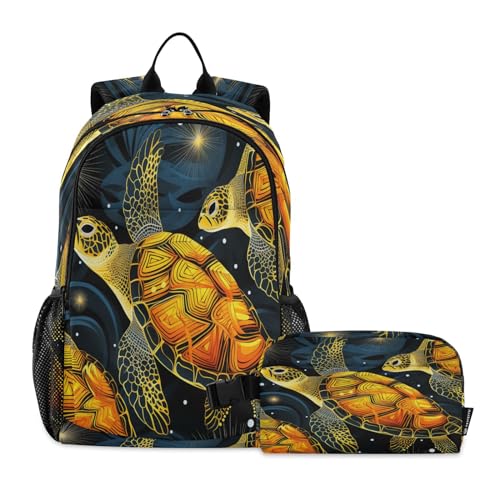 LINNIKEEEE Aquarellkunstschildkröten Studentenrucksack Lunchtasche Set – Leichte Schultasche für Jungen Mädchen von LINNIKEEEE