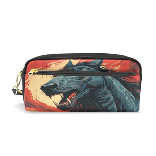 LINNIKEEEE Aquarellkunstwerk Blaues Pferd Federmäppchen aus Leder,Mäppchen Schlamperbox Stifttasche,Make-up-Tasche,Organizer für Jungen Mädchen von LINNIKEEEE