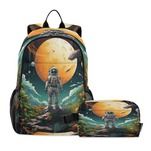 LINNIKEEEE Aquarellkunstwerk Weltraumastronaut Studentenrucksack Lunchtasche Set – Leichte Schultasche für Jungen Mädchen von LINNIKEEEE