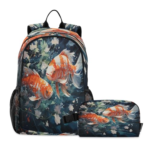 LINNIKEEEE Aquarellmalerei Fisch Studentenrucksack Lunchtasche Set – Leichte Schultasche für Jungen Mädchen von LINNIKEEEE