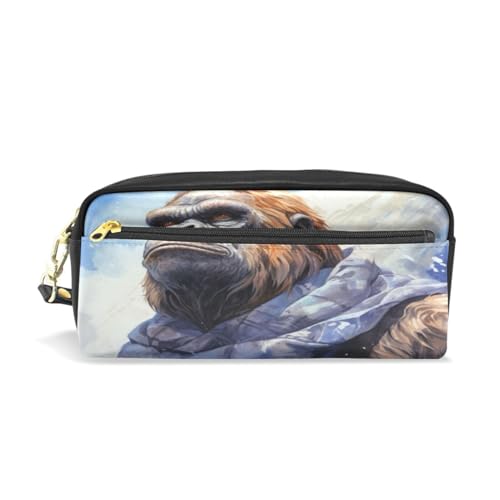 LINNIKEEEE Aquarellmalerei Gorilla Federmäppchen aus Leder,Mäppchen Schlamperbox Stifttasche,Make-up-Tasche,Organizer für Jungen Mädchen von LINNIKEEEE