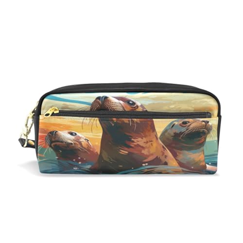 LINNIKEEEE Ausgefallene Aquarell-Seelöwen Federmäppchen aus Leder,Mäppchen Schlamperbox Stifttasche,Make-up-Tasche,Organizer für Jungen Mädchen von LINNIKEEEE