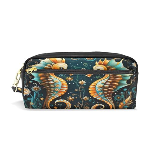 LINNIKEEEE Ausgefallene Aquarell-Seepferdchen Federmäppchen aus Leder,Mäppchen Schlamperbox Stifttasche,Make-up-Tasche,Organizer für Jungen Mädchen von LINNIKEEEE