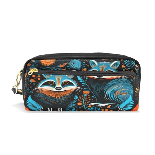 LINNIKEEEE Ausgefallene Aquarell-Waschbären Federmäppchen aus Leder,Mäppchen Schlamperbox Stifttasche,Make-up-Tasche,Organizer für Jungen Mädchen von LINNIKEEEE