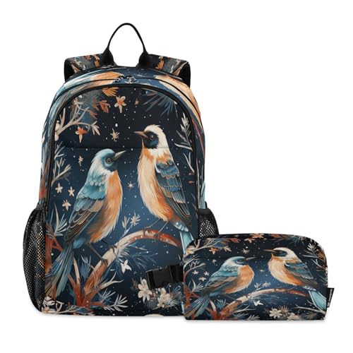 LINNIKEEEE Ausgefallene Aquarell-Wintervögel Studentenrucksack Lunchtasche Set – Leichte Schultasche für Jungen Mädchen von LINNIKEEEE