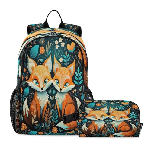 LINNIKEEEE Ausgefallene Aquarellfüchse Studentenrucksack Lunchtasche Set – Leichte Schultasche für Jungen Mädchen von LINNIKEEEE