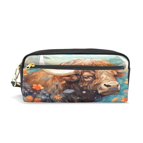 LINNIKEEEE Ausgefallene Aquarellkunst Bison Federmäppchen aus Leder,Mäppchen Schlamperbox Stifttasche,Make-up-Tasche,Organizer für Jungen Mädchen von LINNIKEEEE