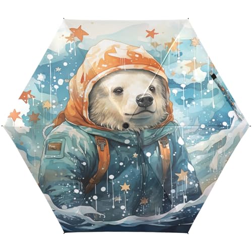 LINNIKEEEE Ausgefallene Aquarellkunst Eisbär Kleiner Leichter Regenschirm,Winddicht Faltbar Kompakt für Jungen und Mädchen von LINNIKEEEE