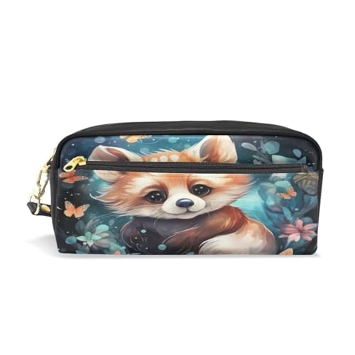 LINNIKEEEE Ausgefallene Aquarellkunst Roter Panda Federmäppchen aus Leder,Mäppchen Schlamperbox Stifttasche,Make-up-Tasche,Organizer für Jungen Mädchen von LINNIKEEEE