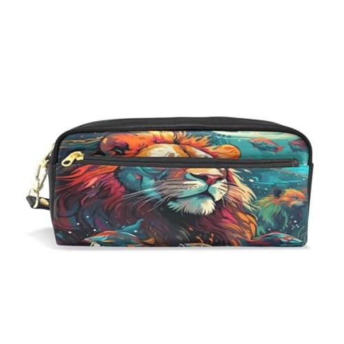 LINNIKEEEE Ausgefallene Aquarelllöwen Federmäppchen aus Leder,Mäppchen Schlamperbox Stifttasche,Make-up-Tasche,Organizer für Jungen Mädchen von LINNIKEEEE