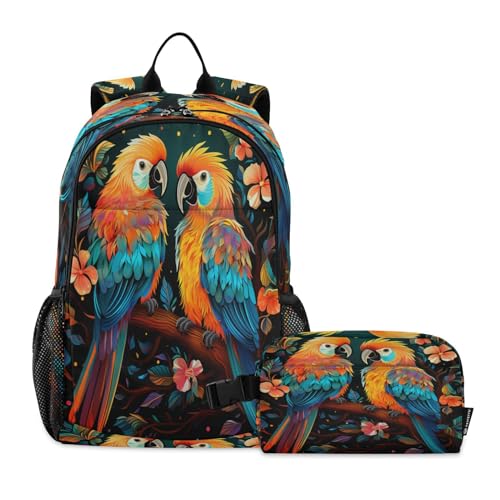 LINNIKEEEE Ausgefallene Aquarellpapageien Studentenrucksack Lunchtasche Set – Leichte Schultasche für Jungen Mädchen von LINNIKEEEE