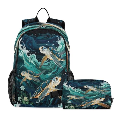 LINNIKEEEE Ausgefallene Aquarellschildkröten Studentenrucksack Lunchtasche Set – Leichte Schultasche für Jungen Mädchen von LINNIKEEEE