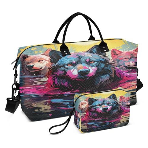 LINNIKEEEE Ausgefallene Aquarellwölfe Reise-Seesäcke, Sporttasche, Weekender Handtasche mit Kulturbeutel für Damen Mädchen Herren von LINNIKEEEE