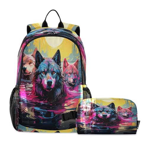 LINNIKEEEE Ausgefallene Aquarellwölfe Studentenrucksack Lunchtasche Set – Leichte Schultasche für Jungen Mädchen von LINNIKEEEE