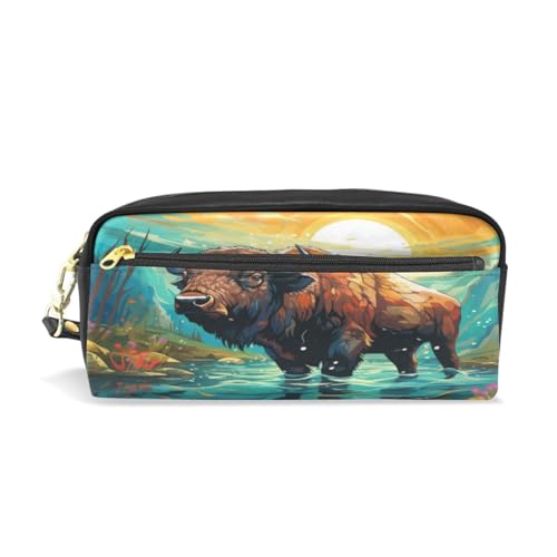 LINNIKEEEE Ausgefallener Aquarell-Bison Federmäppchen aus Leder,Mäppchen Schlamperbox Stifttasche,Make-up-Tasche,Organizer für Jungen Mädchen von LINNIKEEEE