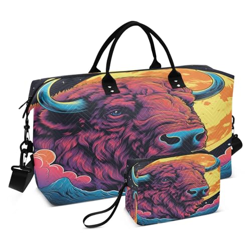 LINNIKEEEE Ausgefallener Aquarell Bisonmond Reise-Seesäcke, Sporttasche, Weekender Handtasche mit Kulturbeutel für Damen Mädchen Herren von LINNIKEEEE