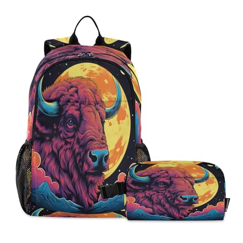 LINNIKEEEE Ausgefallener Aquarell-Bisonmond Studentenrucksack Lunchtasche Set – Leichte Schultasche für Jungen Mädchen von LINNIKEEEE