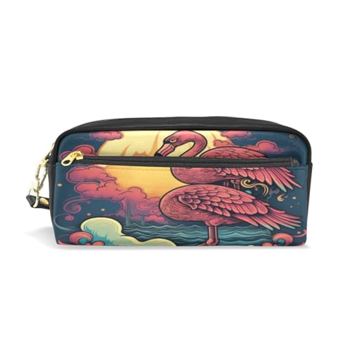 LINNIKEEEE Ausgefallener Aquarell-Flamingo Federmäppchen aus Leder,Mäppchen Schlamperbox Stifttasche,Make-up-Tasche,Organizer für Jungen Mädchen von LINNIKEEEE