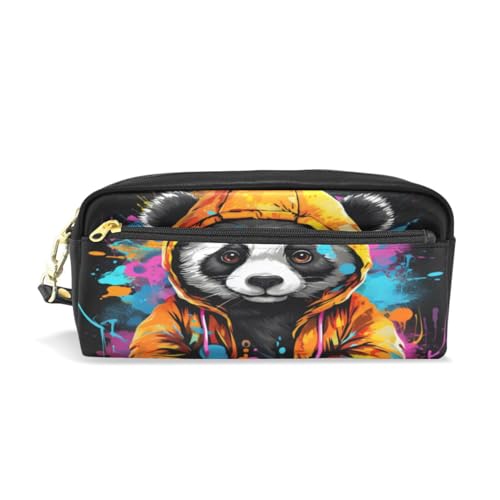 LINNIKEEEE Ausgefallener Aquarell-Panda Federmäppchen aus Leder,Mäppchen Schlamperbox Stifttasche,Make-up-Tasche,Organizer für Jungen Mädchen von LINNIKEEEE