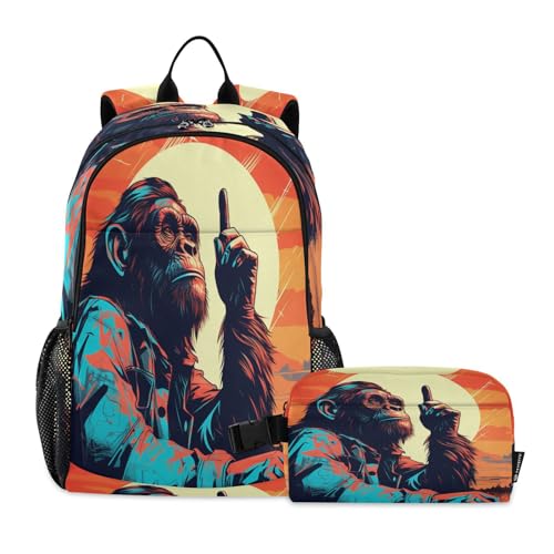 LINNIKEEEE Ausgefallener Aquarell-Schimpanse Studentenrucksack Lunchtasche Set – Leichte Schultasche für Jungen Mädchen von LINNIKEEEE