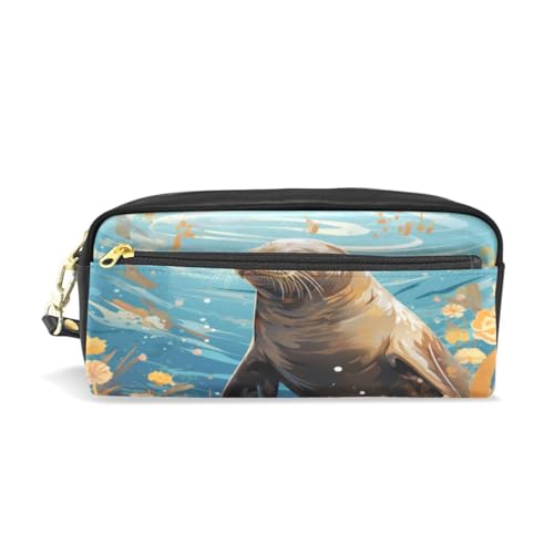 LINNIKEEEE Ausgefallener Aquarell-Seelöwe Federmäppchen aus Leder,Mäppchen Schlamperbox Stifttasche,Make-up-Tasche,Organizer für Jungen Mädchen von LINNIKEEEE