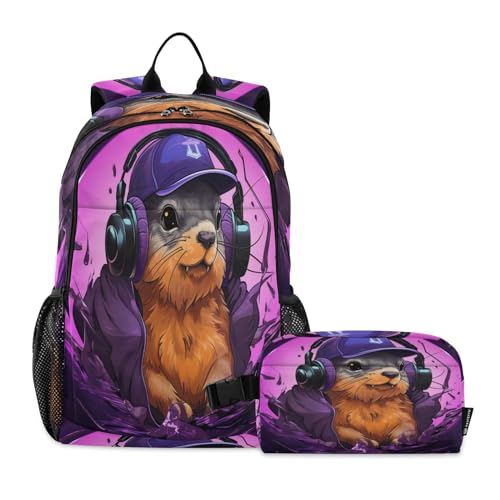 LINNIKEEEE Ausgefallener Aquarellbiber Studentenrucksack Lunchtasche Set – Leichte Schultasche für Jungen Mädchen von LINNIKEEEE