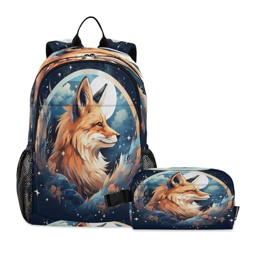 LINNIKEEEE Ausgefallener Aquarellfuchs Studentenrucksack Lunchtasche Set – Leichte Schultasche für Jungen Mädchen von LINNIKEEEE