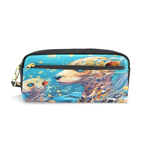 LINNIKEEEE Ausgefallener Aquarellkunst-Gepard Federmäppchen aus Leder,Mäppchen Schlamperbox Stifttasche,Make-up-Tasche,Organizer für Jungen Mädchen von LINNIKEEEE