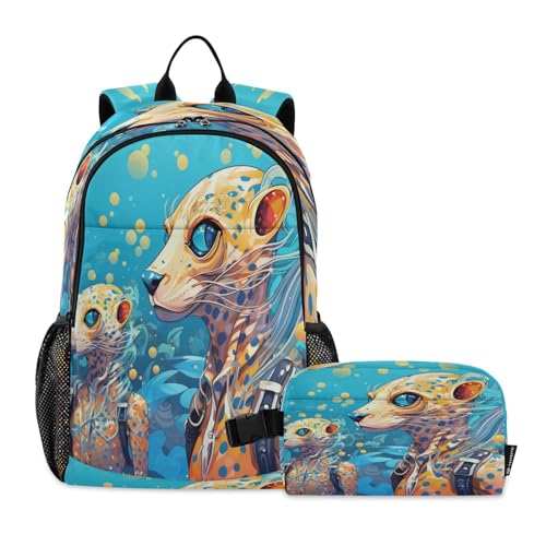 LINNIKEEEE Ausgefallener Aquarellkunst-Gepard Studentenrucksack Lunchtasche Set – Leichte Schultasche für Jungen Mädchen von LINNIKEEEE