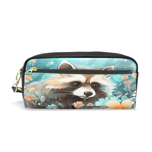 LINNIKEEEE Ausgefallener Aquarellkunst-Waschbär Federmäppchen aus Leder,Mäppchen Schlamperbox Stifttasche,Make-up-Tasche,Organizer für Jungen Mädchen von LINNIKEEEE