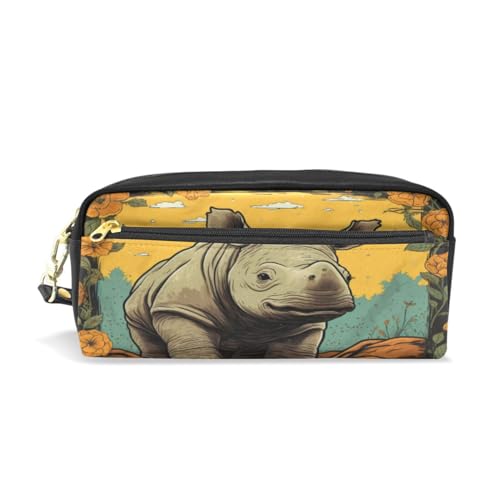 LINNIKEEEE Ausgefallenes Aquarellkunst-Nashorn Federmäppchen aus Leder,Mäppchen Schlamperbox Stifttasche,Make-up-Tasche,Organizer für Jungen Mädchen von LINNIKEEEE