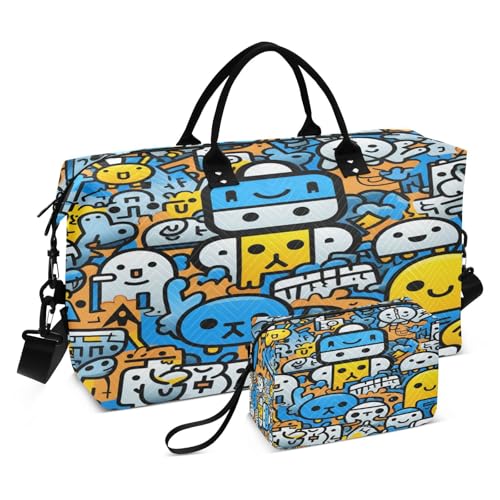 LINNIKEEEE Blau Gelbe Gekritzel Pandas Reise-Seesäcke, Sporttasche, Weekender Handtasche mit Kulturbeutel für Damen Mädchen Herren von LINNIKEEEE