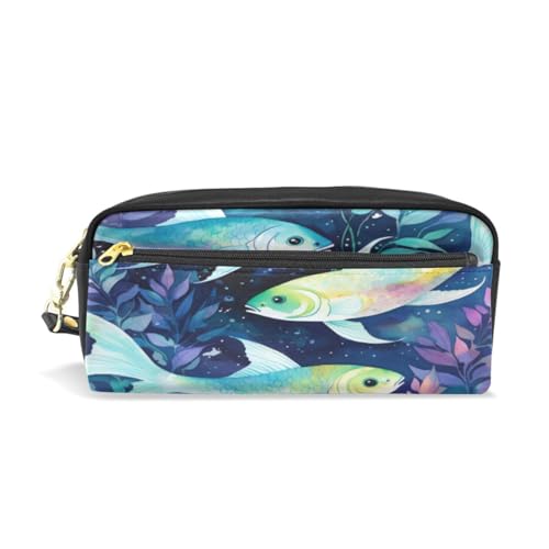 LINNIKEEEE Blaue Fische Abstrakte Kunst Federmäppchen aus Leder,Mäppchen Schlamperbox Stifttasche,Make-up-Tasche,Organizer für Jungen Mädchen von LINNIKEEEE