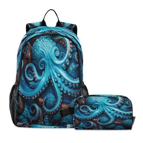 LINNIKEEEE Blauer Cooler Oktopus Studentenrucksack Lunchtasche Set – Leichte Schultasche für Jungen Mädchen von LINNIKEEEE