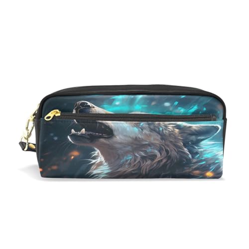 LINNIKEEEE Blauer Cooler Wolf Heult Federmäppchen aus Leder,Mäppchen Schlamperbox Stifttasche,Make-up-Tasche,Organizer für Jungen Mädchen von LINNIKEEEE