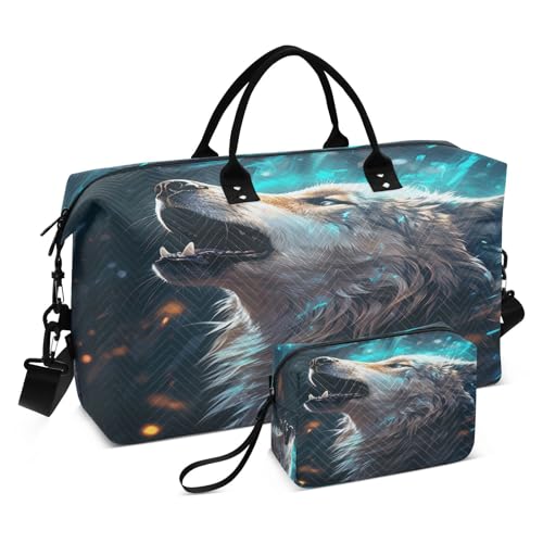 LINNIKEEEE Blauer Cooler Wolf Heult Reise-Seesäcke, Sporttasche, Weekender Handtasche mit Kulturbeutel für Damen Mädchen Herren von LINNIKEEEE