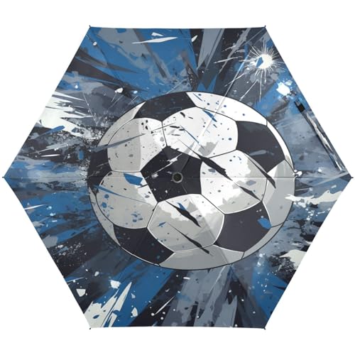 LINNIKEEEE Blauer Fußball Kleiner Leichter Regenschirm,Winddicht Faltbar Kompakt für Jungen und Mädchen von LINNIKEEEE