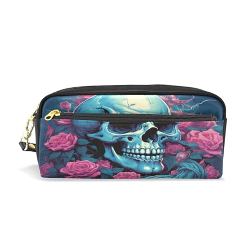 LINNIKEEEE Blauer Totenkopf, Rote Rose Federmäppchen aus Leder,Mäppchen Schlamperbox Stifttasche,Make-up-Tasche,Organizer für Jungen Mädchen von LINNIKEEEE