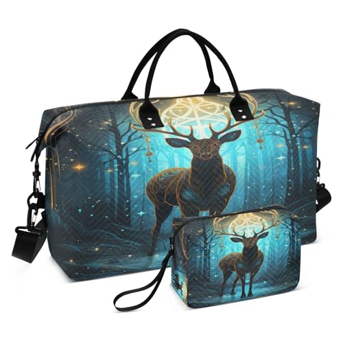 LINNIKEEEE Blauer Weltraumhirsch Reise-Seesäcke, Sporttasche, Weekender Handtasche mit Kulturbeutel für Damen Mädchen Herren von LINNIKEEEE