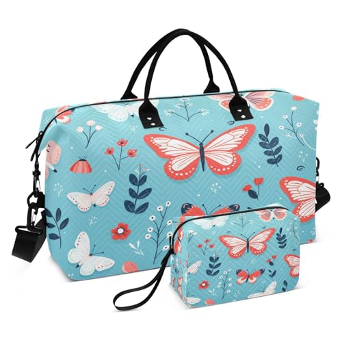 LINNIKEEEE Blaues Muster Schmetterlinge Reise-Seesäcke, Sporttasche, Weekender Handtasche mit Kulturbeutel für Damen Mädchen Herren von LINNIKEEEE