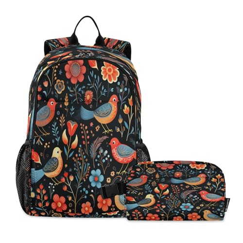 LINNIKEEEE Blumen-Cartoon-Kunst-Bisons Studentenrucksack Lunchtasche Set – Leichte Schultasche für Jungen Mädchen von LINNIKEEEE