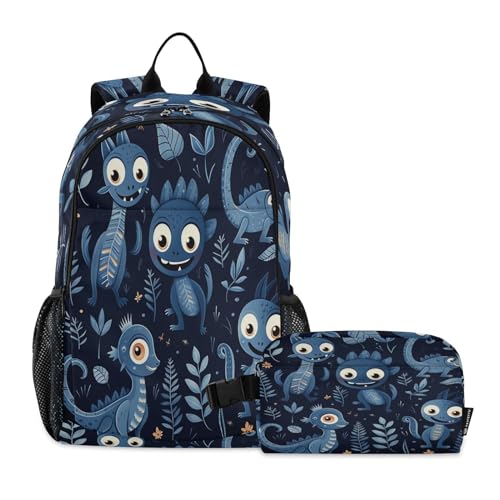 LINNIKEEEE Blumen-Cartoon-Kunst-Leguan Studentenrucksack Lunchtasche Set – Leichte Schultasche für Jungen Mädchen von LINNIKEEEE